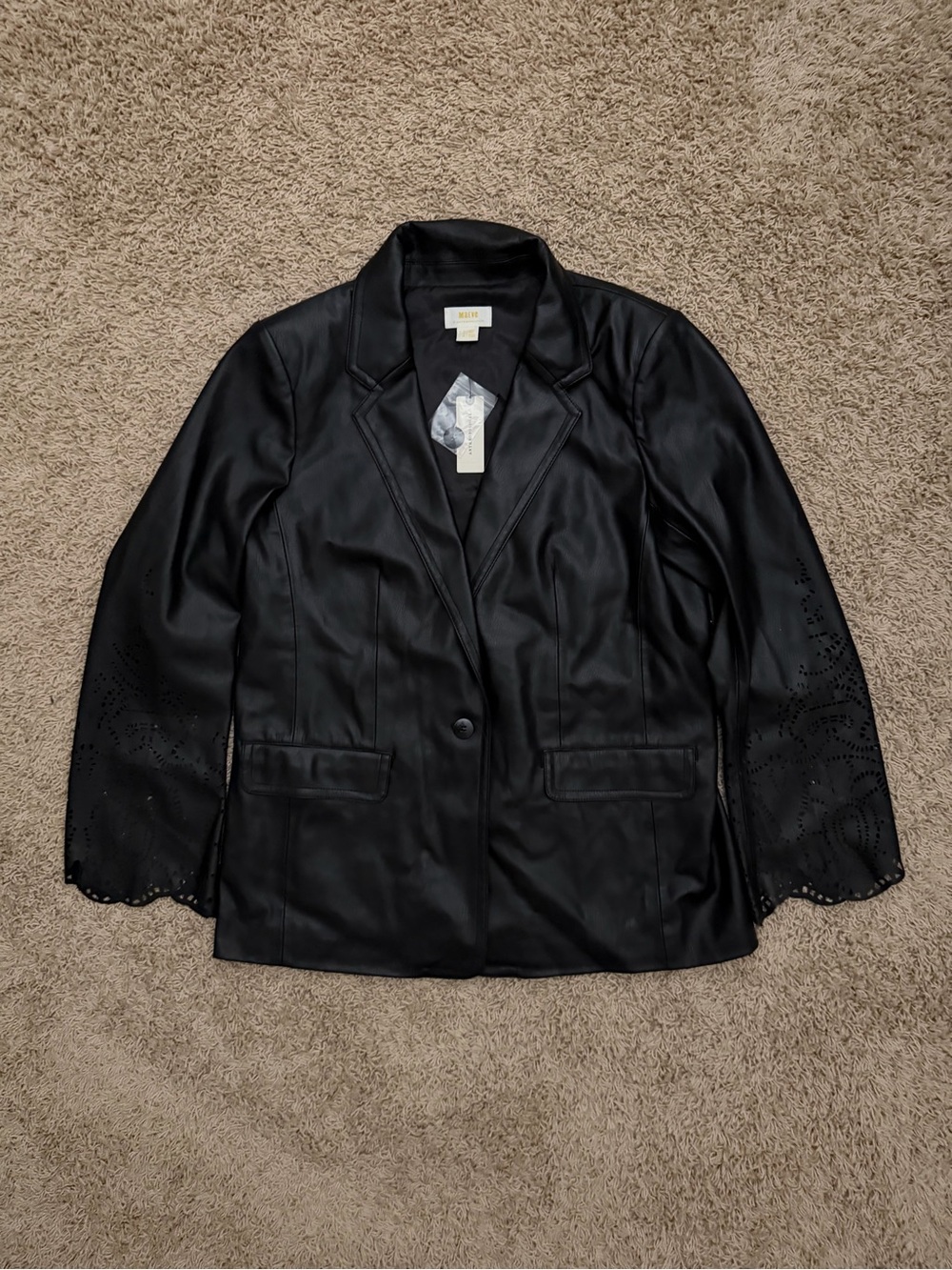 NEW MAEVE By Anthropologie Eyelet Sleeves Black Leather Blazer Jacket Sz 14
